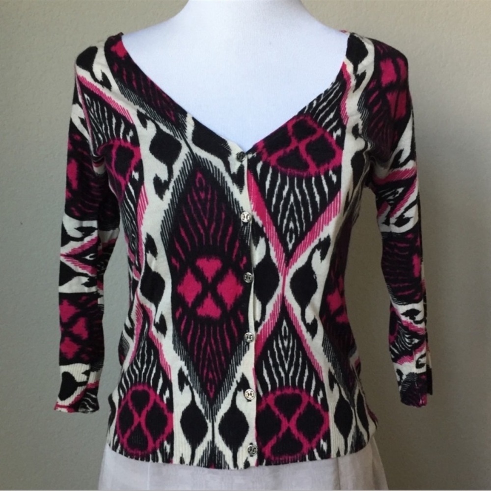 *Moving Sale* Tory Burch Wool Fuchsia, Black & White Buttoned Down Cardigan